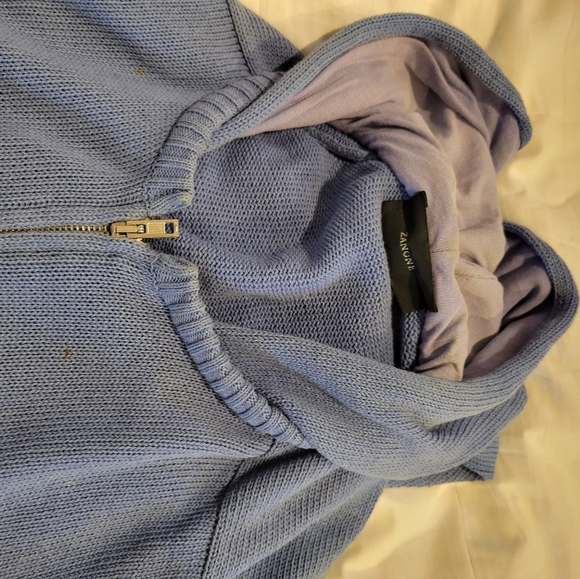 Mens cotton knit sweater hoodie zip up Medium navy Blue leather patch - Picture 2 of 5